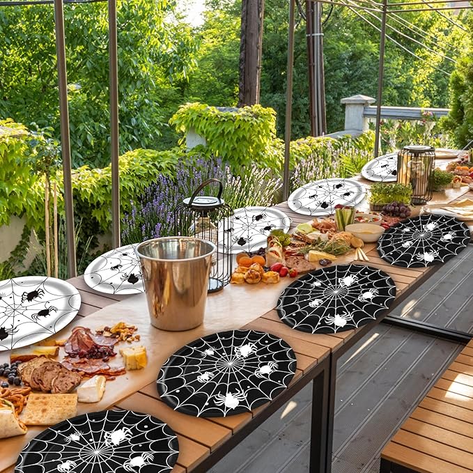 Halloween Spider Web Oval Paper Plates 10’’ x 12’’,Large Disposable Black White Spiderweb Tableware for Halloween Party Table Decor Supplies Tea Party Supplies,50 Guest