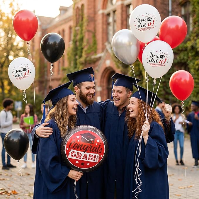 Red Black Silver Graduation Balloons, 60pcs Red Silver Black White Printed Balloons, Congrats Grad Foil Balloon for Graduation 2026 Decorations Celebration Anniversary Party Supplies