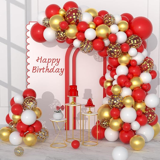 Red White Gold Balloon Garland Arch Kit, 122PCS White Red Balloons Meallic Gold Confetti Balloons for Brithday Wedding Anniversary Baby Bridal Shower Engagement Graduation Retirement Party Decoration