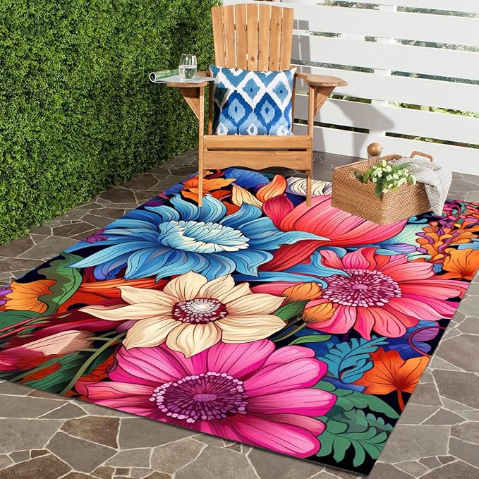Floral Outdoor Rug Vibrant Waterproof Non Slip Patio Rugs for Balcony Garden Camping Poolside 9x12 Machine Washable Porch Deck Flower Print Outside Carpet Vintage Bathmat Blue Pink