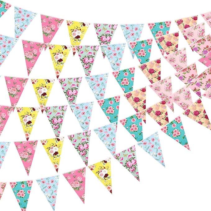 72 Pcs Vintage Floral Paper Bunting Banner Garland Bandana Pennants Outdoor Bunting Banner for Tea Party Decorations Flower Garden Yard Baby Shower Bridal Wedding Party Decorations