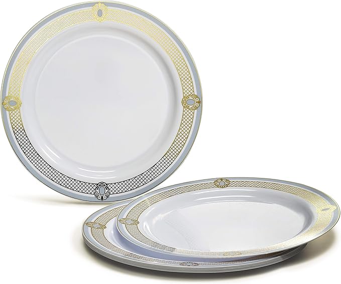 " OCCASIONS " 640pcs set (80 Guests)-Wedding Party Disposable Plastic Plate Set -80 x 10.25'' + 80 x 7.5'' + Silverware + Cups + Napkins (Royal in White/Blue & Gold)