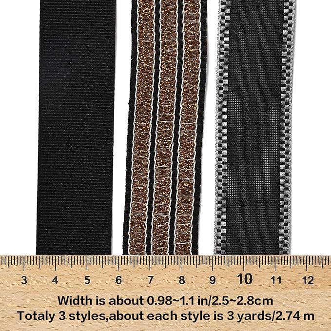 BEEFLYING 3 Styles Black Wire Edged Ribbons for Gift Wrapping, 25~28mm×2.7m Satin Ribbons Stripe Ribbons for Wedding Party Decoration Hair Bows Flower Designs Sewing and Craft, 9 Yards