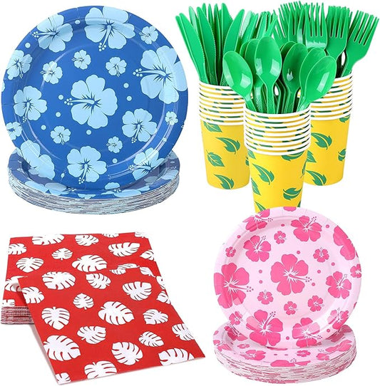 Kochorie 175 Pieces Hawaiian Cartoon Party Supplies Tropical Hawaii Hibiscus Floral Tableware Set 7 Inch & 9 Inch Paper Plates Napkins Cups Cutlery for Birthday Blue Cartoon Party, Serve 25 Guests