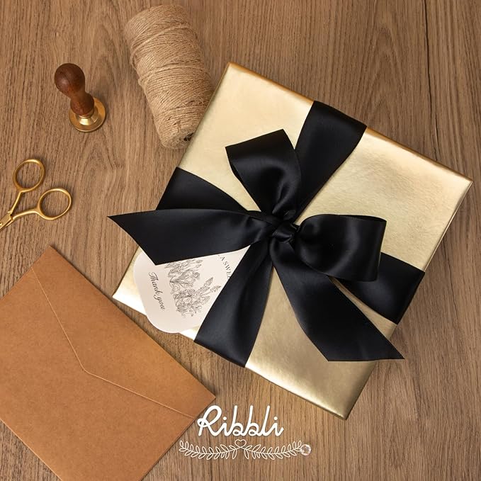 Ribbli Black Double Faced Satin Ribbon,1-1/2” x Continuous 25 Yards,Use for Bows Bouquet,Gift Wrapping,Wedding,Floral Arrangement