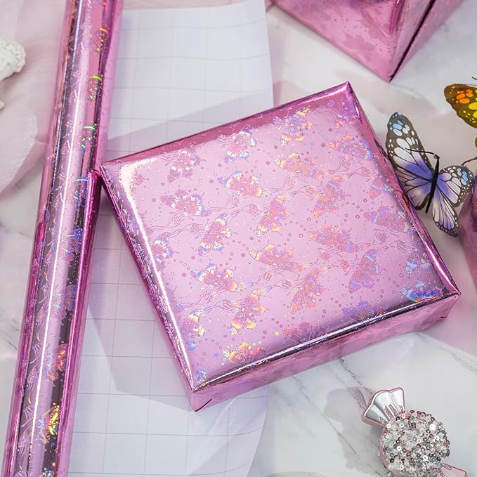 Burymento Pink Butterfly Wrapping Paper Roll, Metallic Holographic Butterfly Gift Wrap for Birthday, Valentines, Mothers day, Graduation, Wedding, Fathers day, Baby Shower, Christmas (17 IN x 32.8 FT)