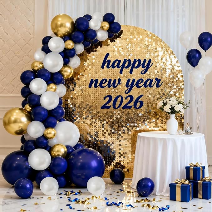 Navy Blue Gold Balloons Arch Kit, Double Stuffed Pearl White Blue Gold Chrome Balloons Garland Kit for Birthday Graduation Father's Day New Year Bridal Shower Wedding Party Decoration