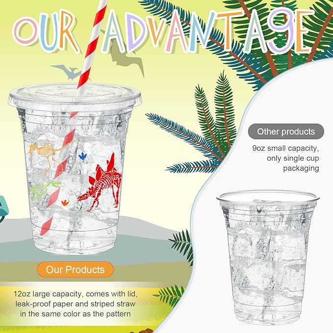 FoldTier 50 Pcs Dinosaur Cups for Kids 12 oz Disposable Plastic Cups with Straws and Lids Dinosaur Clear Cup Birthday Party Cups Supplies for Kids Birthday Table Decorations Party Favor