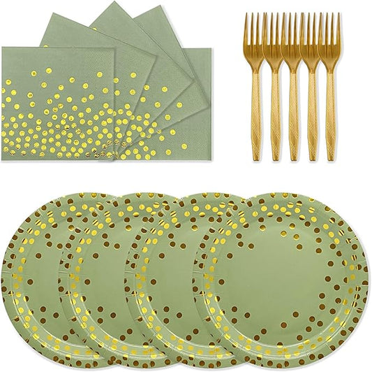 72PCS Sage Green Paper Plates and Napkins - Sage Green Gold Dots Tableware Set Include Dessert Plates,Napkins and Forks Disposable Decoration Supplies for Birthday Graduations Wedding Party,Serve 24