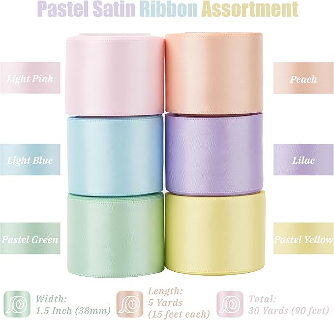 Pastel Ribbon Assortment 1.5 Inch Double Face Satin Ribbon, 6 Rolls 30 Yards Rainbow Colored Ribbon for Garland, Baby Shower, Birthday Party, Wedding, Easter, Christmas, Gift Wrapping