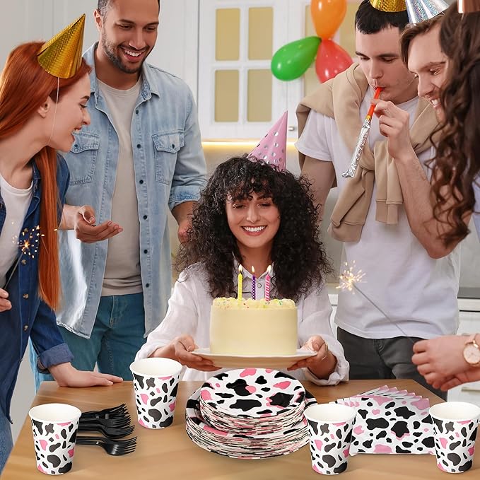 Kochorie 144 Pieces Pink Cow Print Party Supplies, Cowgirl Pink Cow Tableware Sets Including Disposable Paper Plates Napkins Cups Forks Serves 24 for Baby Shower Birthday Party Decorations