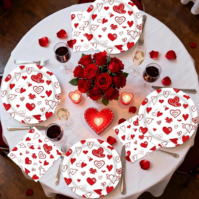 40 Pcs Valentines Day Plates and Napkins Party Supplies, Red Heart Valentine Paper Plates Napkins Disposable Tableware Set for Anniversary Wedding Mother's Day Party Decorations
