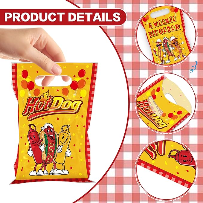 MOIZYNG 50Pcs Hot Dog Gift Bags with Handles, A Weenie Bit Older Birthday Plastic Candy Treat Goodie Bags for Hotdog Sausage Fast Food BBQ Cookout Birthday Party Decorations