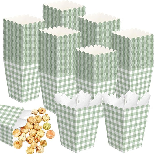 Gueevin 100 Pcs Green Gingham Popcorn Boxes with Scalloped Mini Paper Popcorn Containers Bulk Gingham Green Party Favor for Movie Night Decorations Bridal Baby Shower Party Supplies