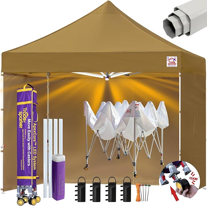 Tradesparker Pop Up Tent,Commercial Movable Canopy with ApexCore LED&Rugged Casters-Instant Easy Setup Shelter Canopies with Weight Bags&Stakes for Outdoor Events(10x10, with 4 Sidewalls, Khaki)