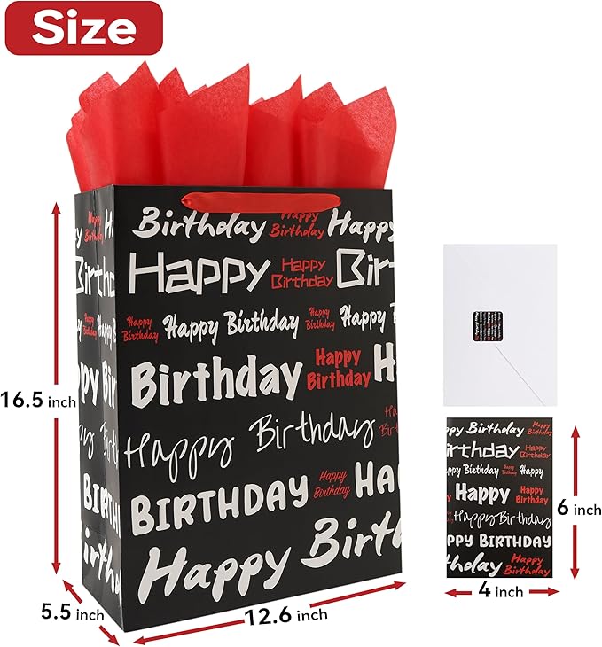 wishinside 16.5” Extra Large Black Happy Birthday Gift Bag Set with Handles, Greeting Card, Tissue Papers and Stickers for Women Men Girls Boys Kids Teens, White Red Words Design, 1 Pcs