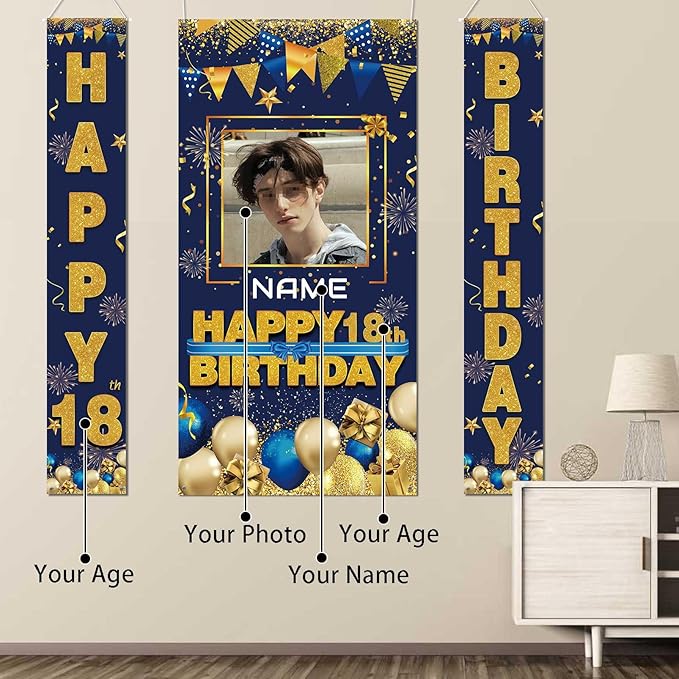 Custom Photo Birthday Banner Set Personalized Name Door Banners Fabric Backdrop Birthday Decorations Party Supplies Background for Indoor Outdoor Front Door Sign(Blue and Gold)