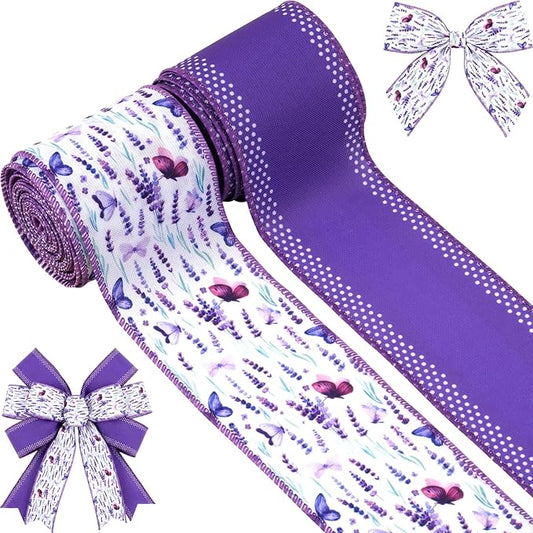 YKW 2 Rolls Purple Wired Ribbon 2.5 Inch x 5 Yards Each - Lavender Butterfly Burlap Ribbon Set for Wreaths, Spring Decor, Gift Wrapping, Bows, Crafts, Party & Wedding Decoration