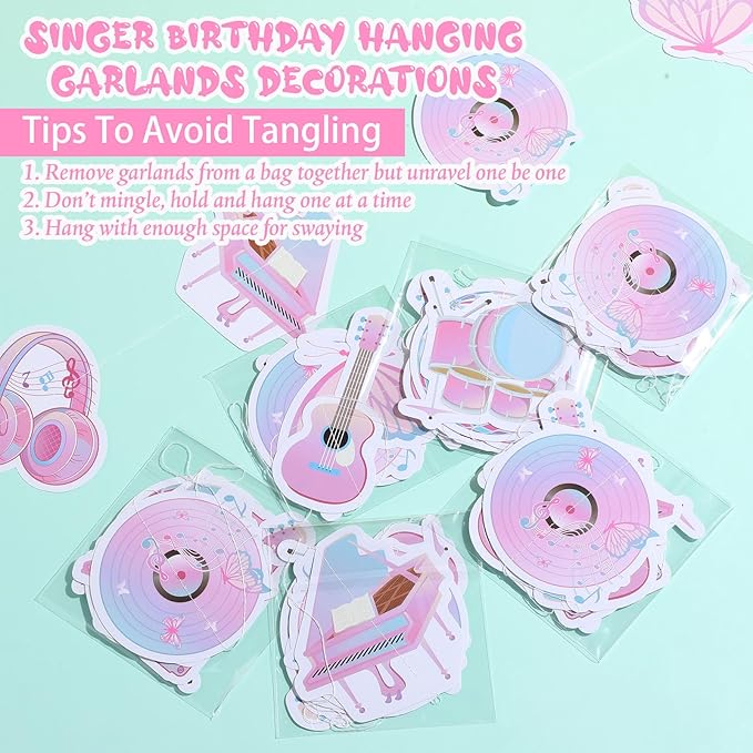 Daifunli 8 Pcs Music Party Decorations Popular Singer Birthday Hanging Garlands Banner Iridescent Holographic Disco Guitar Piano Butterfly Paper Cutouts Streamer for Girls Music Lover Supplies