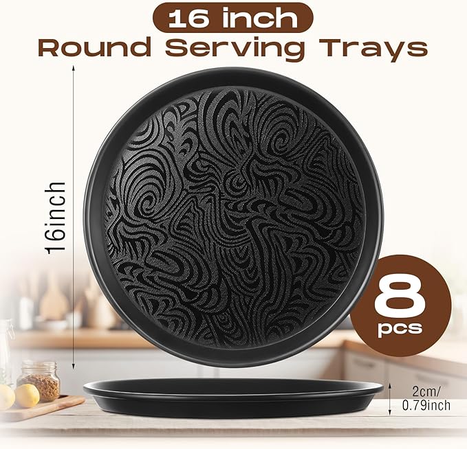 Zopeal 8 Pcs 16 Inch Round Restaurant Serving Trays Non Slip Surface Black Serving Plastic Food Meals Server Tray for Halloween Party Bar Restaurant Cocktail Cafeteria