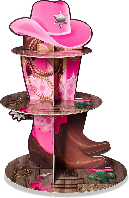 Haooryx Pink Western Boots Cupcake Stand - 3 Tier Wild West Cowgirl Leather Boots Hat Cupcake Tower Cardboard Dessert Holder for Western Cowgirl Theme Birthday Party Baby Shower Table Decor Supplies