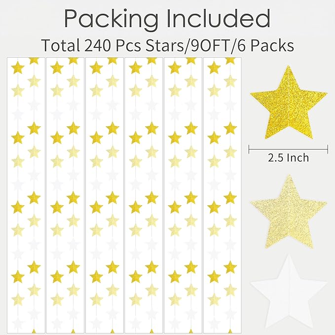 Glitter Gold, Light Gold & White Iridescent Star Garland 90FT, 240pcs Hanging Glitter Star Banner Backdrop for Birthday, Baby Shower, Wedding & Christmas Party Decorations (6 Packs)