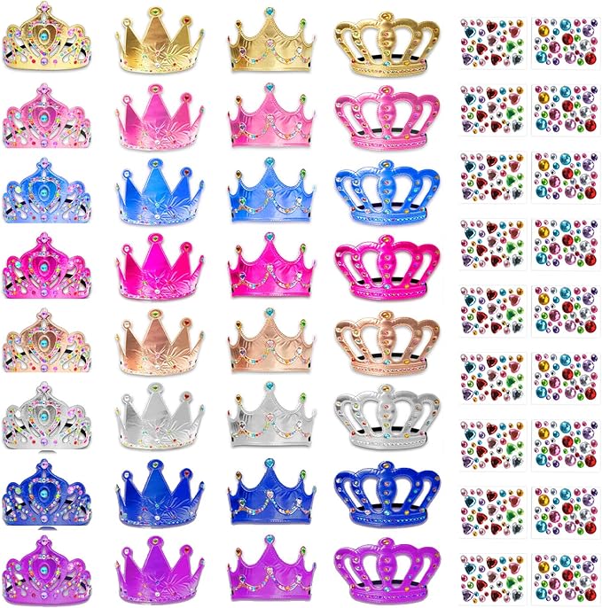 50 Pcs Foam Crowns Colorful Kids Princess Tiaras Crowns Bulk with 2 Styles DIY Diamond Sticker Making Kits for Kids Birthday Party Supplies
