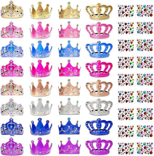 50 Pcs Foam Crowns Colorful Kids Princess Tiaras Crowns Bulk with 2 Styles DIY Diamond Sticker Making Kits for Kids Birthday Party Supplies