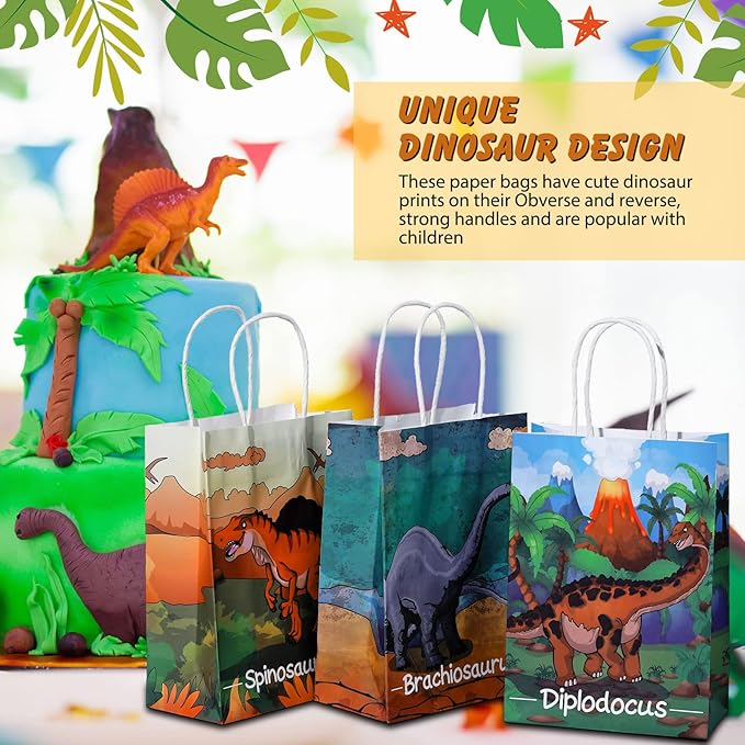 Pajean 24 Pcs Dinosaur Candy Bags with Handle, Dinosaur Party Favor Paper Bags Kids Gifts Goodie Treat Wrapping for Boys Girls Dino Theme Birthday Baby Shower Party Supplies(Vivid Style)