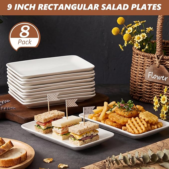 Irenare 8 Pcs 9 Inch Rectangular Salad Plates White Rectangular Porcelain Dessert Plates Appetizer Serving Tray Porcelain Platters for Fruit Sushi Dinner Parties, Microwave, Oven Safe