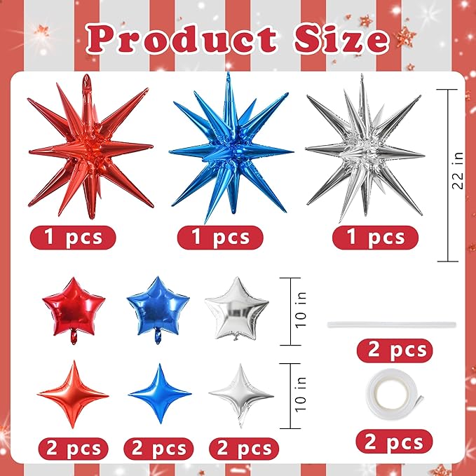 TONIFUL 22Inch 15Pcs Red Blue Silver Explosion Star Balloons and 10Inch Four Pointed Star Balloons Set for Christmas New Year Birthday Wedding Bridal Shower Independence Day Anniversary Supplies
