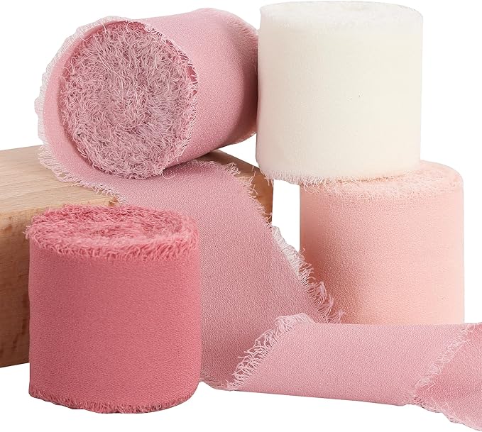 TONIFUL 4 Rolls Silk Chiffon Ribbon, 1-1/2 Inch x 22yds Dusty Pink and Cream Chiffon Ribbons Set, Handmade Fringe Valentine Ribbon for Gift Wrapping Bridal Bouquets Wedding Valentine Day Decoration