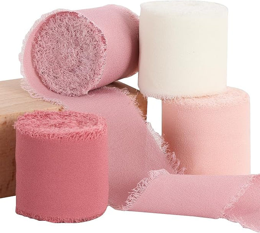 TONIFUL 4 Rolls Silk Chiffon Ribbon, 1-1/2 Inch x 22yds Dusty Pink and Cream Chiffon Ribbons Set, Handmade Fringe Valentine Ribbon for Gift Wrapping Bridal Bouquets Wedding Valentine Day Decoration