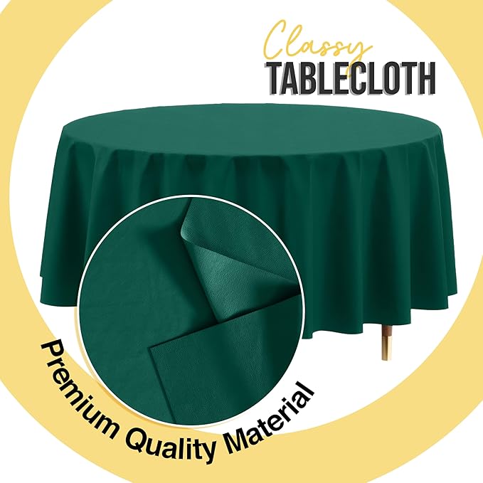 Exquisite 66% Thicker Premium Dark Green Round Tablecloth 0.5 Mil 24 Pack Plastic Table Cloth Disposable 84 Inch Round Plastic Tablecloth Won't Tear Easily Like Cheap Thin Brands