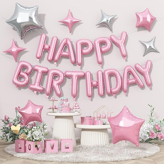 Happy Birthday Balloon Banner, 16 Inch Light Pink Mylar Foil Letter Balloons, Reusable Birthday Decorations with Pastel Pink and Silver Star Balloon, Inflatable Party Supplies for Women Girls Decor