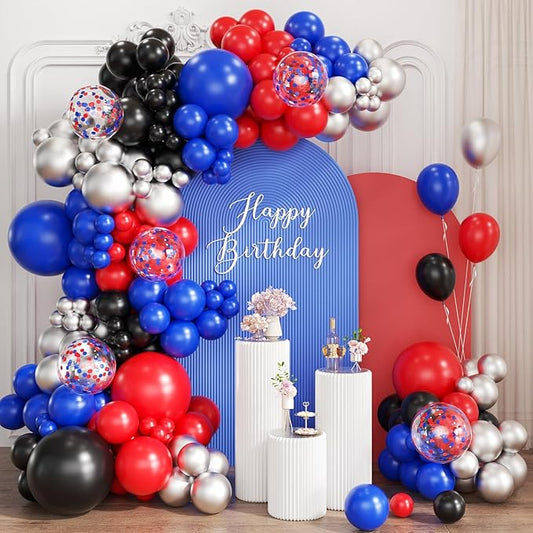 Red Black Blue Silver Balloons Garland Arch Kit, 167Pcs Latex Balloons Different Sizes 18 12 10 5 inch for Birthday Graduation Baby Shower Spider Theme Party Decorations