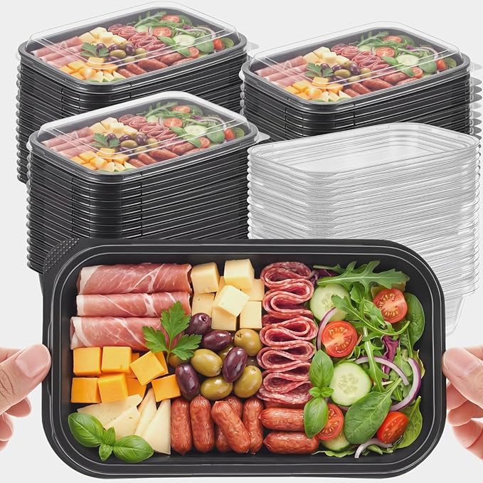 Shellwei 50 Pack 7.5 x 3.4 Inch Catering Trays with Lid, Plastic Serving Tray Bakery Dessert Cookies Candy Containers with Clear Lid, Perfect for Wedding, Party & Small Business