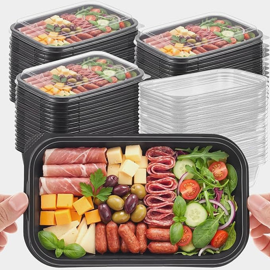 Shellwei 50 Pack 7.5 x 3.4 Inch Catering Trays with Lid, Plastic Serving Tray Bakery Dessert Cookies Candy Containers with Clear Lid, Perfect for Wedding, Party & Small Business