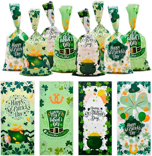 160 Pieces 4 Styles St. Patrick's Day Cellophane Treat Candy Bags with Twist Ties, Shamrock and Leprechaun Designs Clear Goodie Bags for Kids Gifts, Party Favors, and Holiday Snacks Decorations