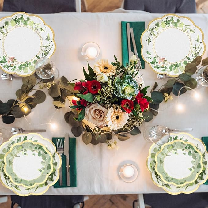 Tanlade 96 Pcs Sage Green Eucalyptus Theme Party Supplies Plates and Napkins Serve 24, Disposable Eucalyptus Paper Scalloped Dinner Plates 2 Ply Paper Napkins for Wedding Bridal Shower