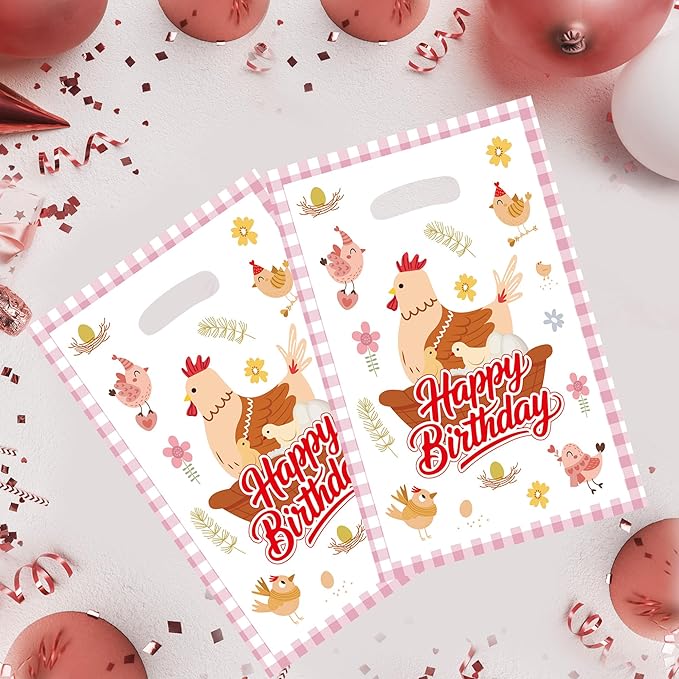 MOIZYNG 50Pcs Chicken Birthday Gift Bags with Handles, Pink Barnyard Little Chick Happy Birthday Plastic Snack Treat Goodie Bags for Farm Animal Chicken Party Decorations