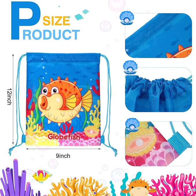 Woanger 12 Packs Ocean Party Supplies Favor Drawstring Bags Colorful Fish Backpack Bag Cartoon Sea Animal Birthday Goodie Bags String Pouch for Kids Ocean Themed Birthday Party Baby Shower Supplies