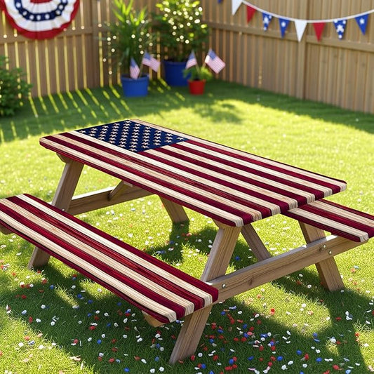 Picnic Table Cover with Bench Covers Windproof Waterproof Picnic Table Covers Camping Tablecloth with Self-Storage Bag, 72in, Vintage Wood Flag