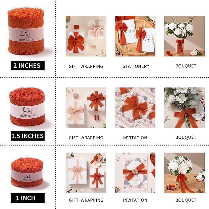 DORIS HOME 2" x21Yd Chiffon Ribbon for Flower Bouquet, Orange & Cream Fabric Ribbon for Gift Wrapping, Handmade Frayed Ribbon for Wedding/Christmas Decorations