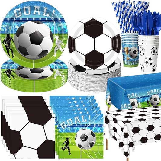Ceenna 452 Pcs Soccer Party Supplies for 50 Guests, Soccer Paper Plates Napkins Cups Tablecloth Cutlery Straw Disposable Tableware for Men Birthday Sports Theme Day Party Decorations