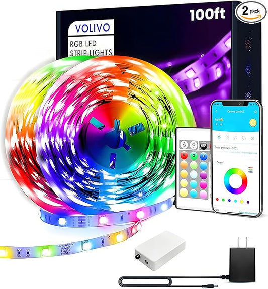 VOLIVO 100ft Led Strip Lights for Bedroom, Color Changing Led Light Strips Kit with 24 Keys IR Remote and Smart App Control, RGB Music Sync Lighting for Room, Home Decor