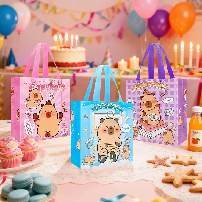 Pinsit 40 PCS Capybara Party Favors Bags, Non Woven Capybara Gift Bags, Cute Reusable Gift Bags with Handles for Boys Girls Birthday Baby Shower Party Supplies(02)