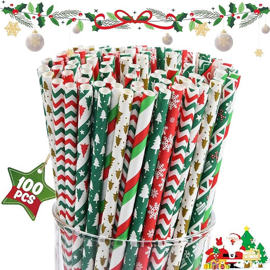 Haundry 100 Christmas Paper Straws, 8 Styles Red Green White Gold Biodegradable Party Drinking Straws with Stripe, Wave, Christmas Tree Snowflake Design Decorations Supplies (color-100)