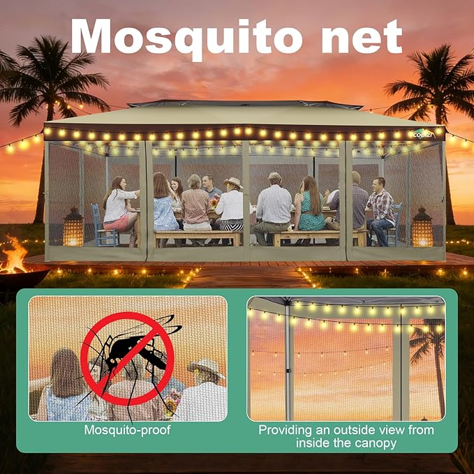 COBIZI 10x20 Pop up Gazebo, One-Push Setup Canopy Tent with Mosquito Netting & Vented Roof Design, Upgrade Metal Easy up Canopy Carpa Outdoor Gazebos for Backyard Camping Deck Party(Khaki & Brown)