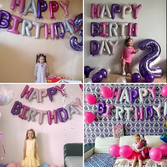 Purple Pink Happy Birthday Balloon Banner, 16 Inch Foil Mylar Happy Birthday Balloons Letters, Reusable Happy Birthday Sign, Pink and Purple Birthday Decorations for Women and Girls